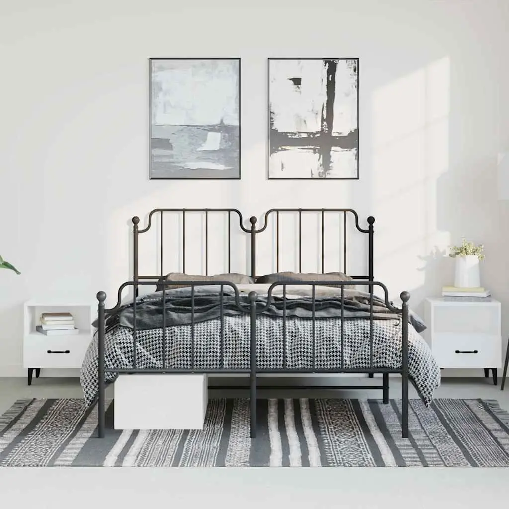 Metal Bed Frame 135x190 cm Bedroom Furniture Black with Footboard Headboard