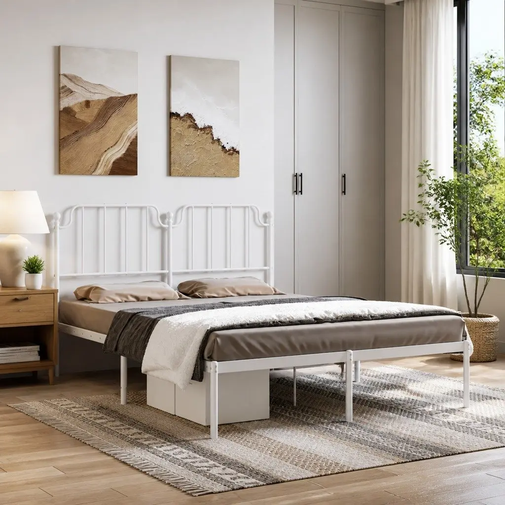 Metal Bed Frame with Headboard 150x200 cm Bedroom Furniture White