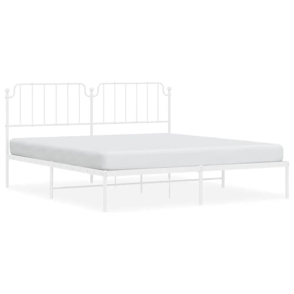 Metal Bed Frame King 183x203 cm White Bedroom Furniture Sturdy with Headboard