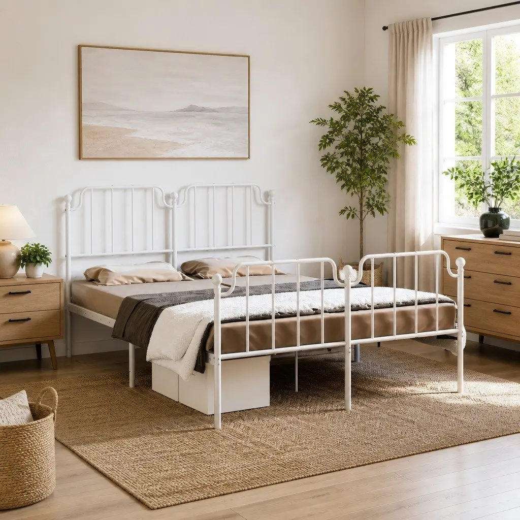 White Metal Bed Frame with Under-Bed Storage