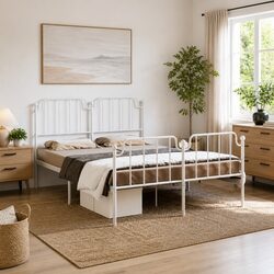Reliable White Metal Bed Frame with Under-Bed Storage