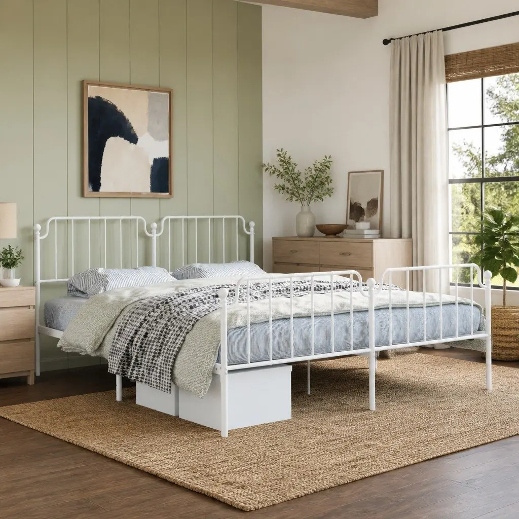 Metal Bed Frame King Size Bedroom Furniture Headboard Footboard White