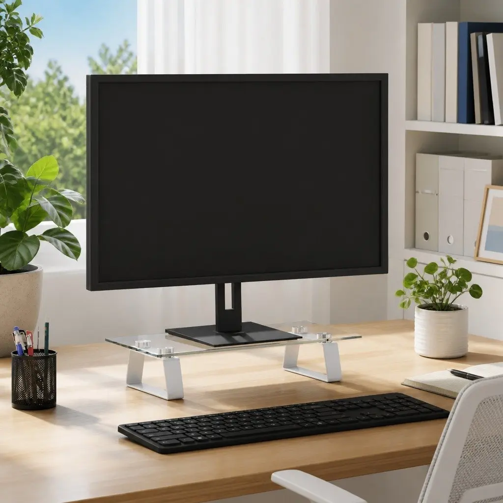 Monitor Stand White Tempered Glass Metal Riser Desk Organiser 40 x 20 x 8 cm