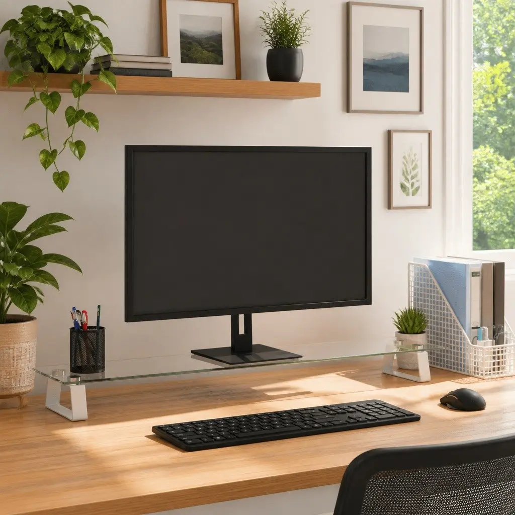 Monitor Stand White Tempered Glass Metal Computer Riser Desk Organiser