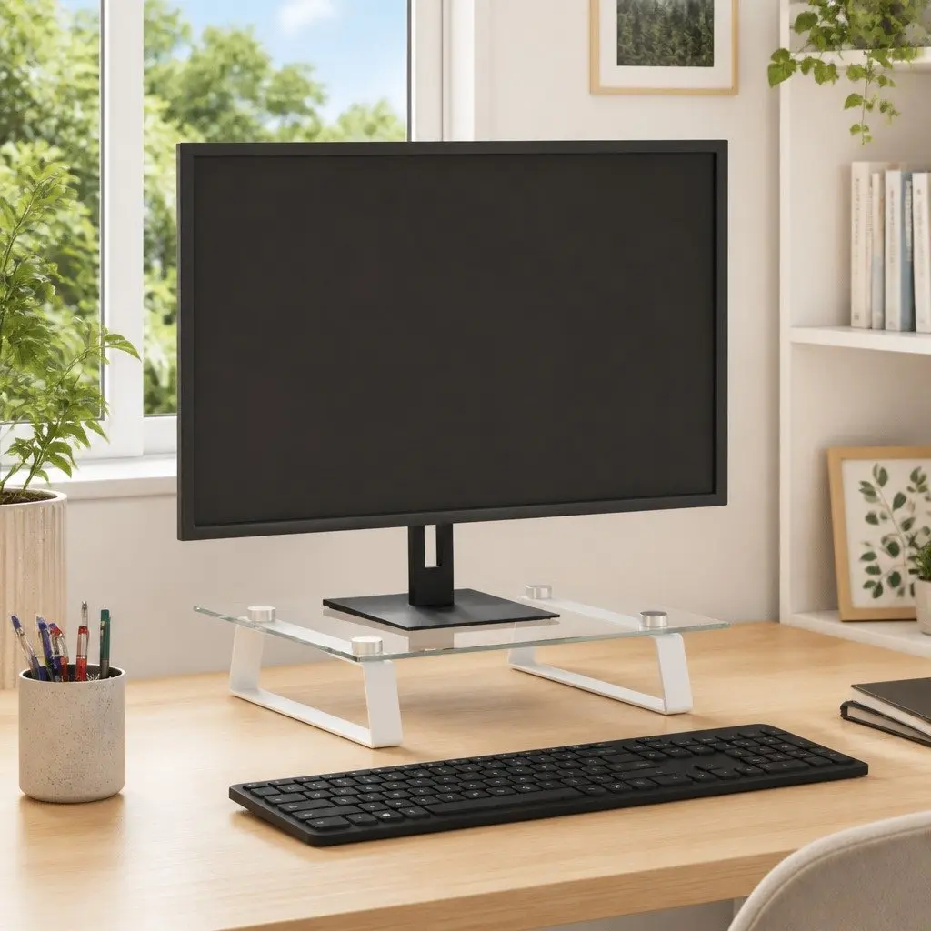 Monitor Stand White Tempered Glass Metal Computer Riser Desk Organiser