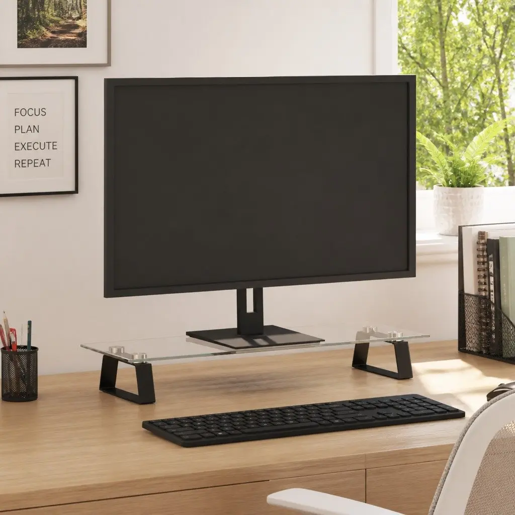 Monitor Stand Ergonomic Display Riser 60x20x8 cm Black Tempered Glass Metal