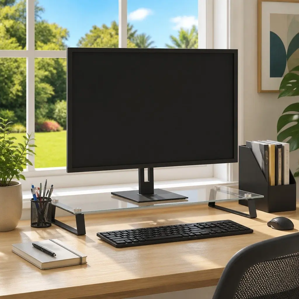 Monitor Stand Ergonomic Riser 80 x 35 x 8 cm Black Tempered Glass Metal
