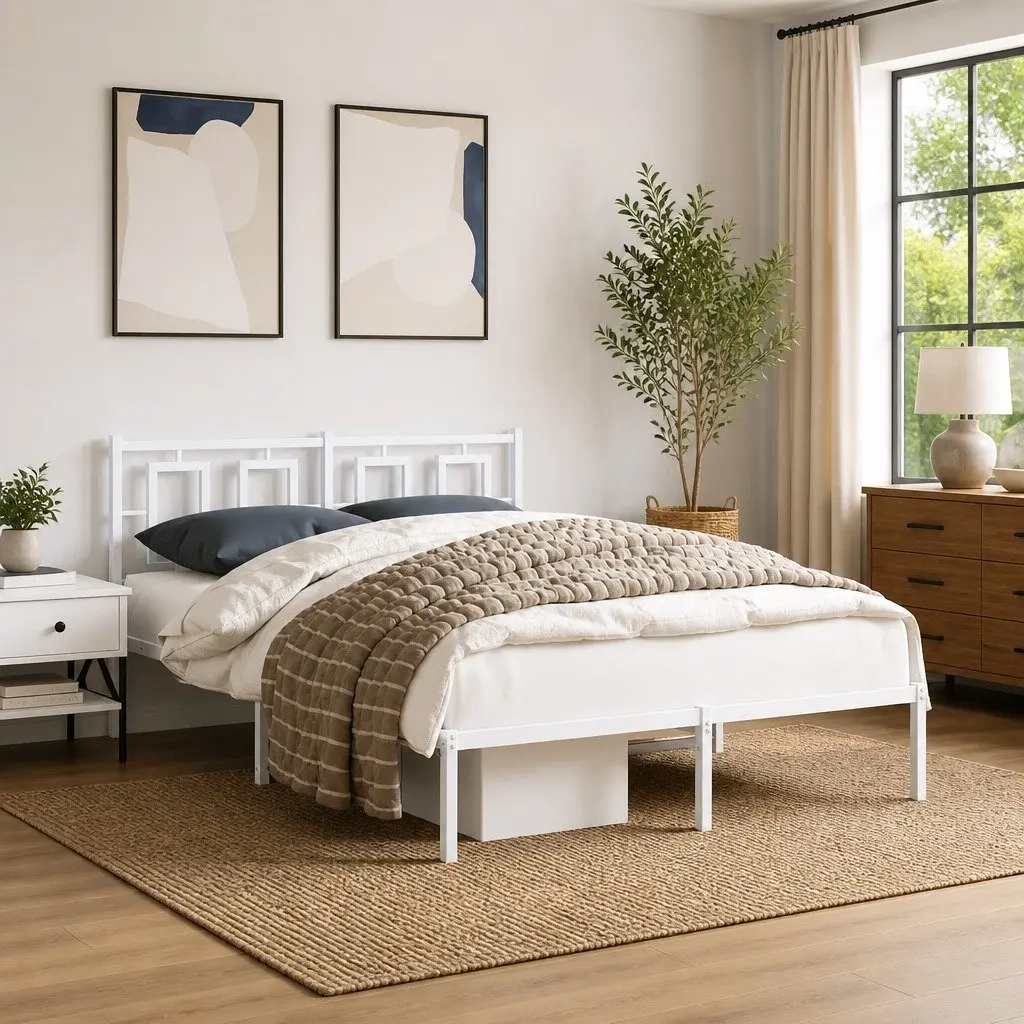 White Metal Bed Frame with Headboard