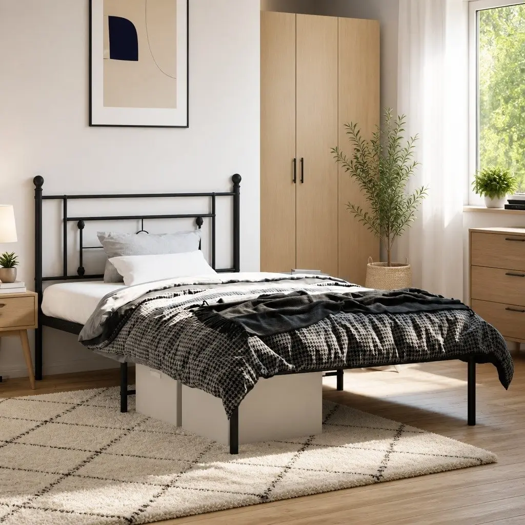 Metal Bed Frame King Single 107x203cm Black Steel Headboard