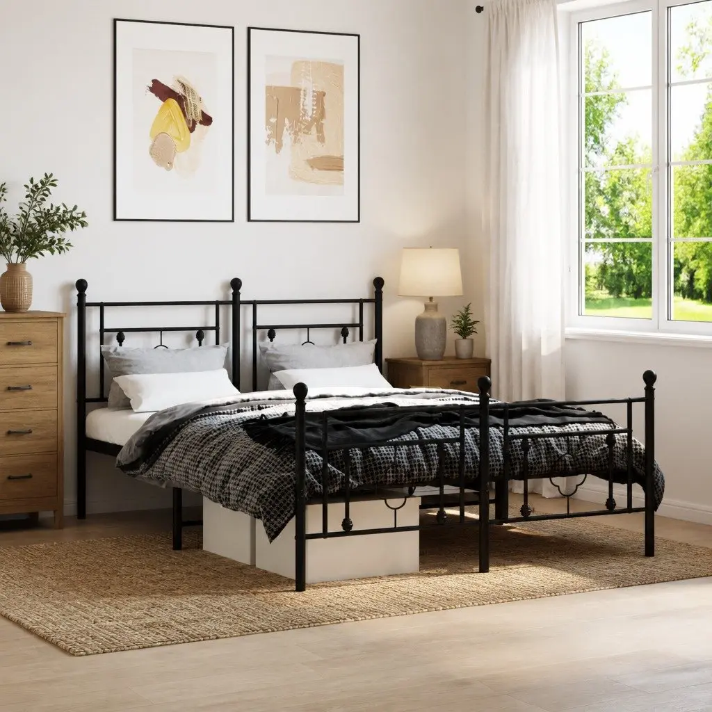 Metal Bed Frame 135x190 cm with Footboard Storage Space Black