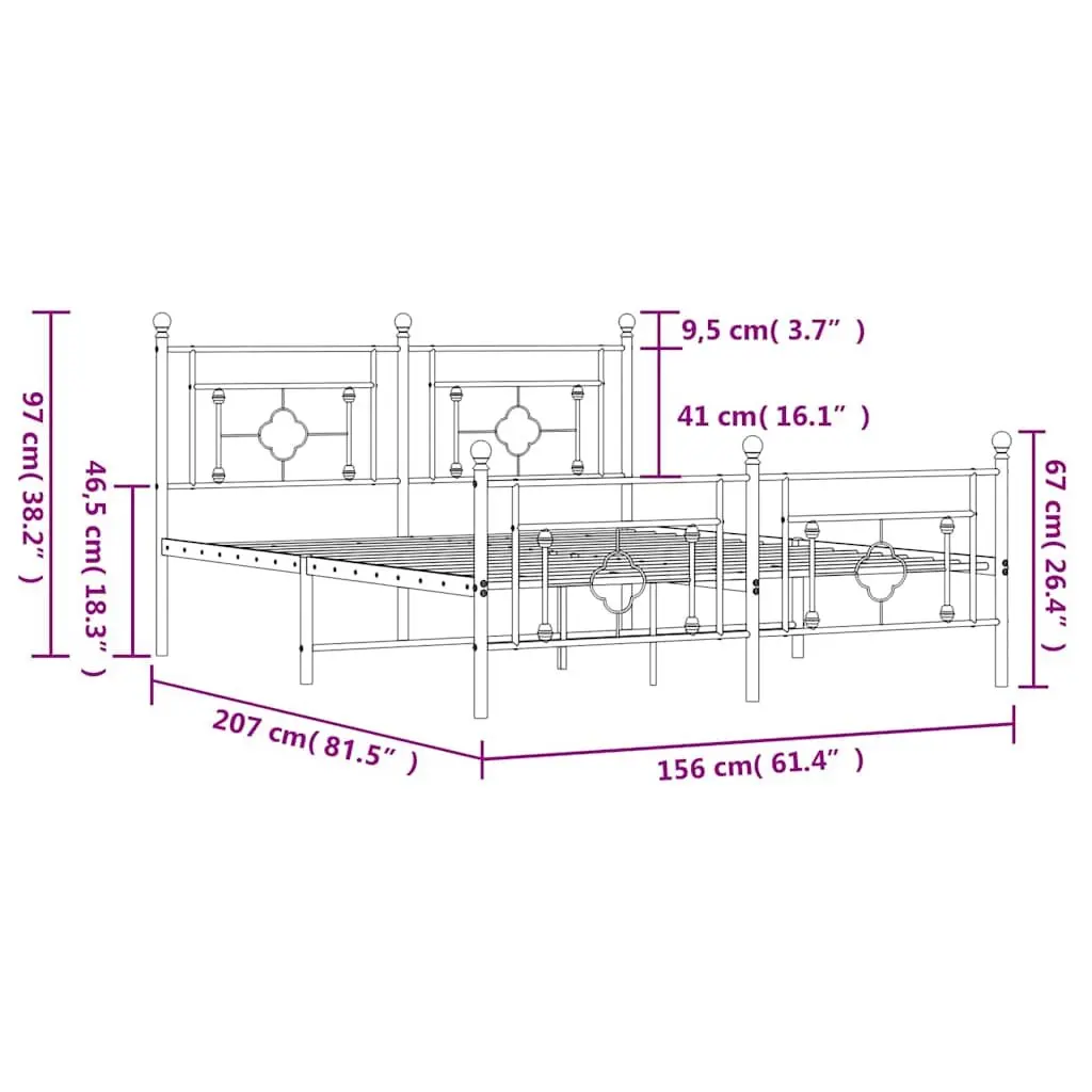 Metal Bed Frame Black 150x200 cm with Headboard and Footboard