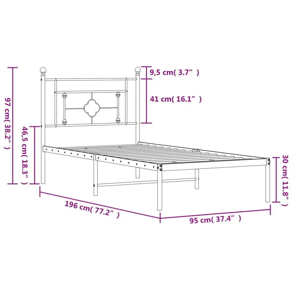 Metal Bed Frame with Headboard 90x190 cm White