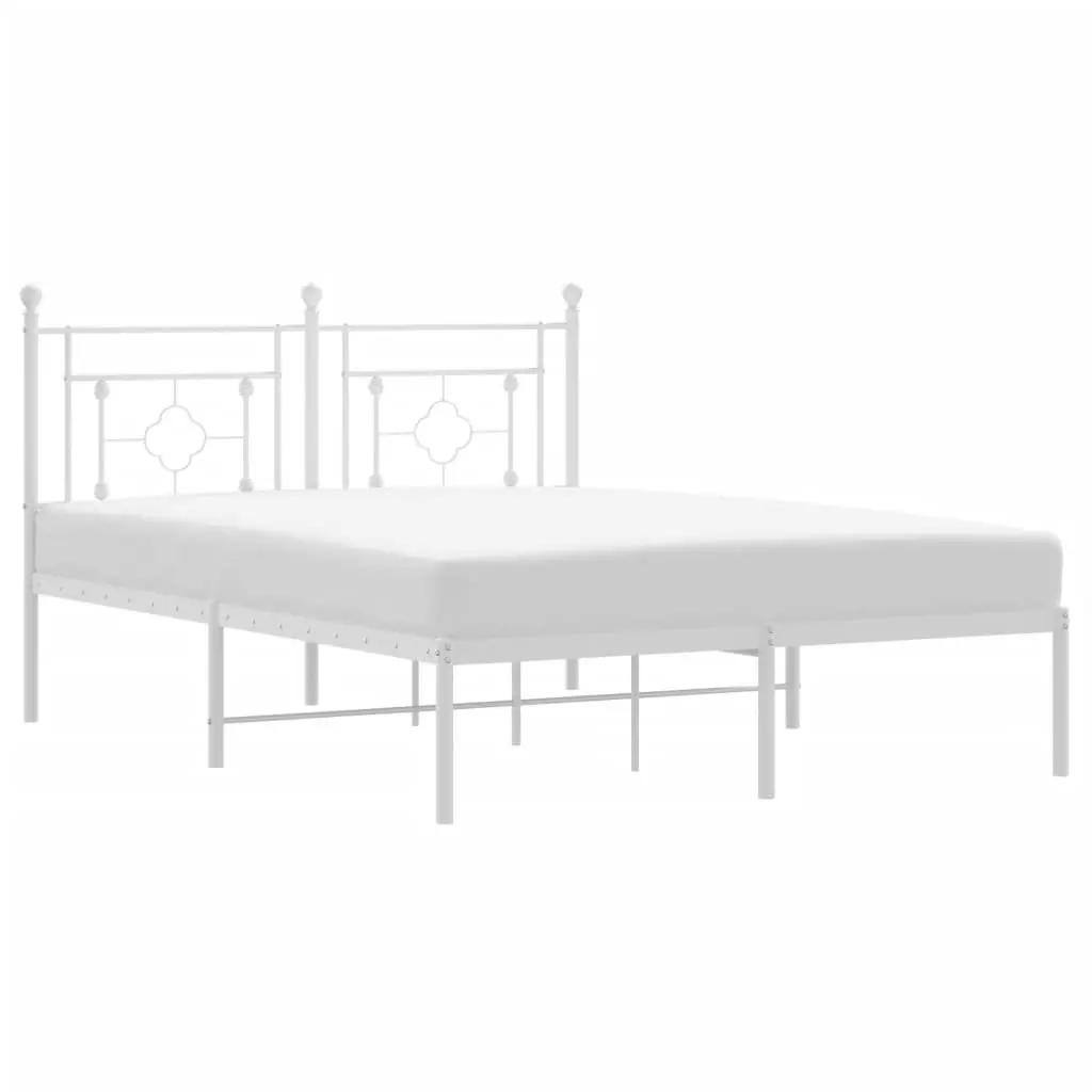 Metal Bed Frame 135x190cm White Bedroom Furniture with Headboard Slatted Base