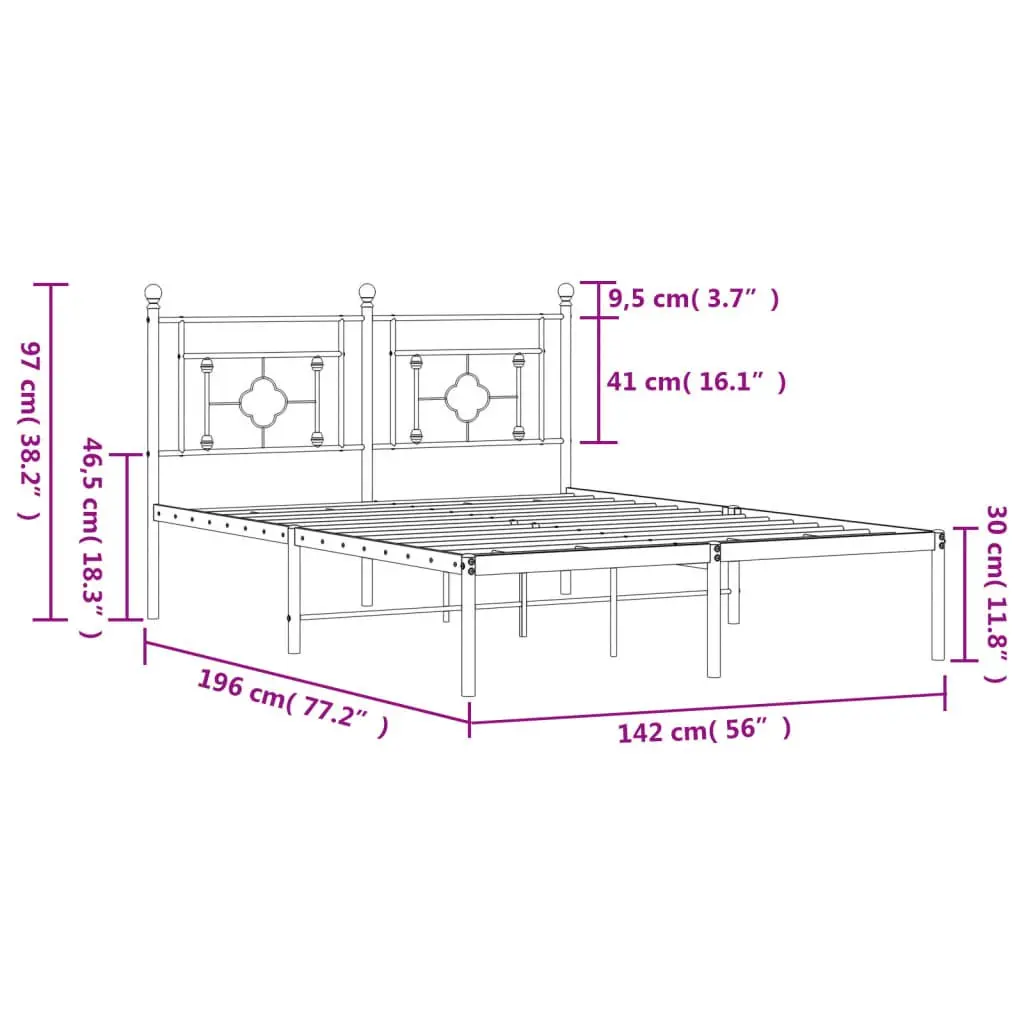 Metal Bed Frame 135x190cm White Bedroom Furniture with Headboard Slatted Base