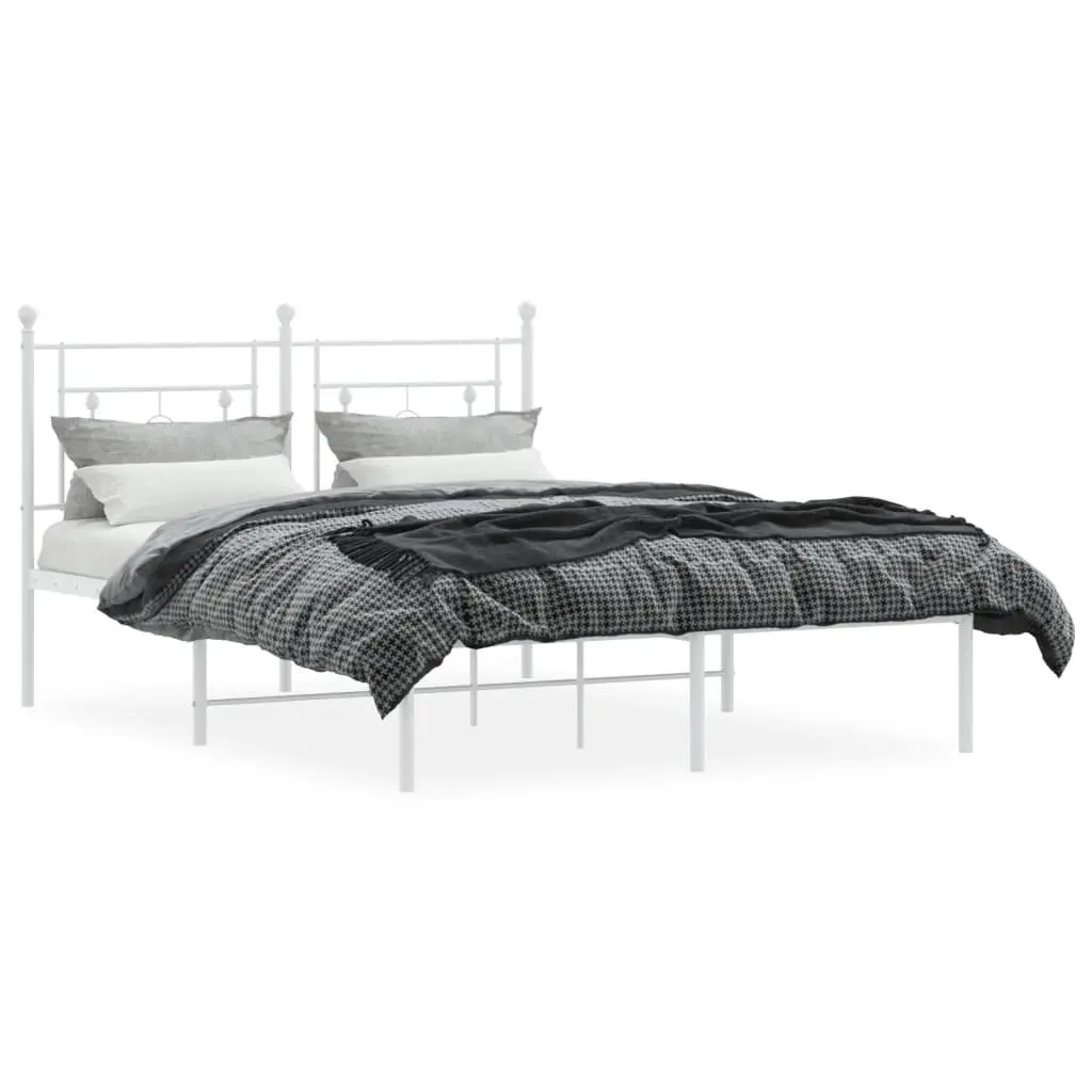 Metal Bed Frame 135x190cm White Bedroom Furniture with Headboard Slatted Base