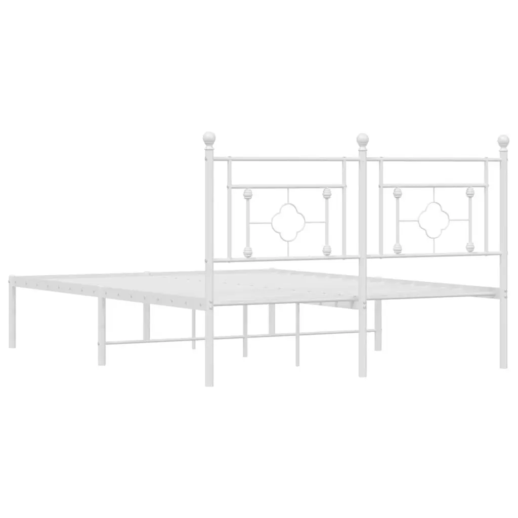 Metal Bed Frame 135x190cm White Bedroom Furniture with Headboard Slatted Base