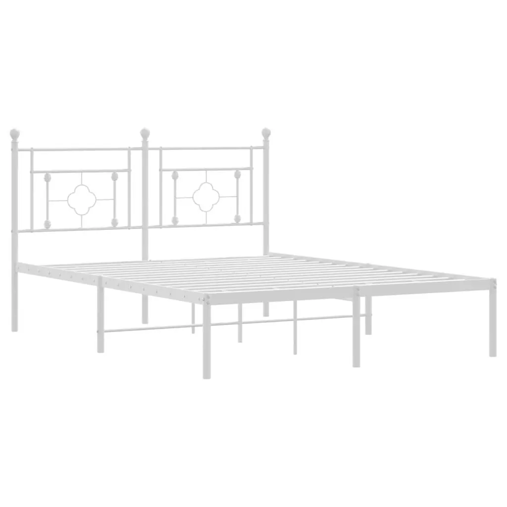 Metal Bed Frame 135x190cm White Bedroom Furniture with Headboard Slatted Base