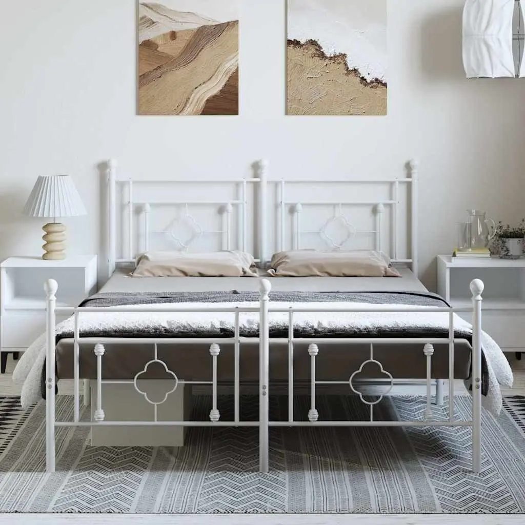 Metal Bed Frame White 150x200cm Bedroom Furniture with Footboard Slatted Base