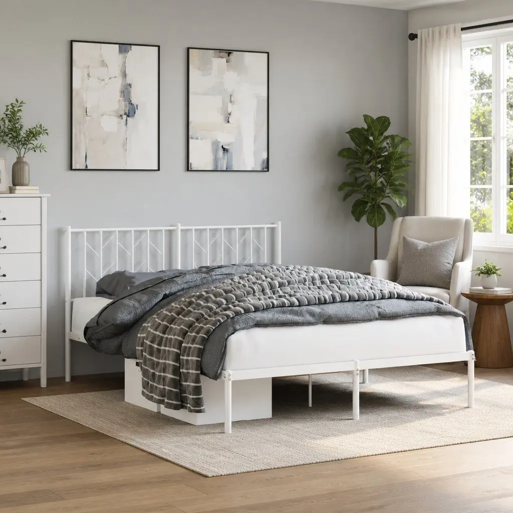 Metal Bed Frame 135x190 cm Bedroom Furniture Headboard White Slatted Base