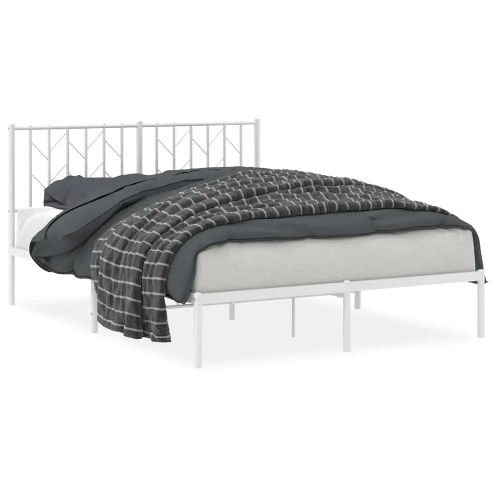 Metal Bed Frame 135x190 cm Bedroom Furniture Headboard White Slatted Base