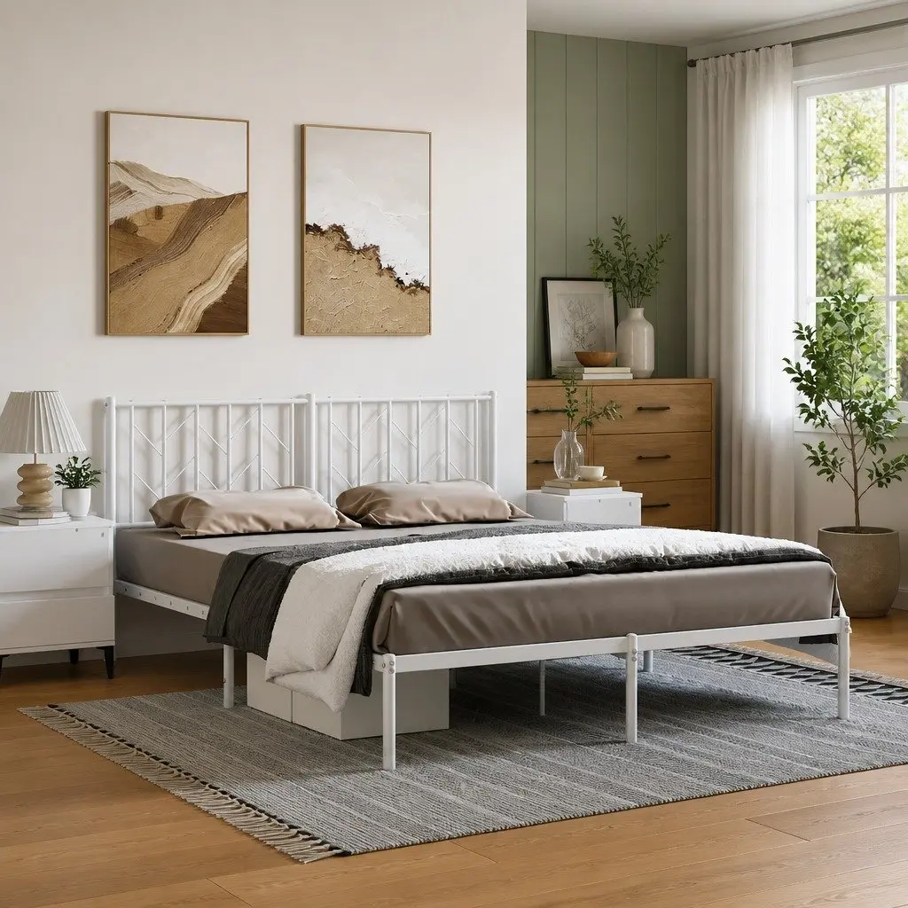 Metal Bed Frame 150x200 cm Headboard White Steel Construction Slatted Base