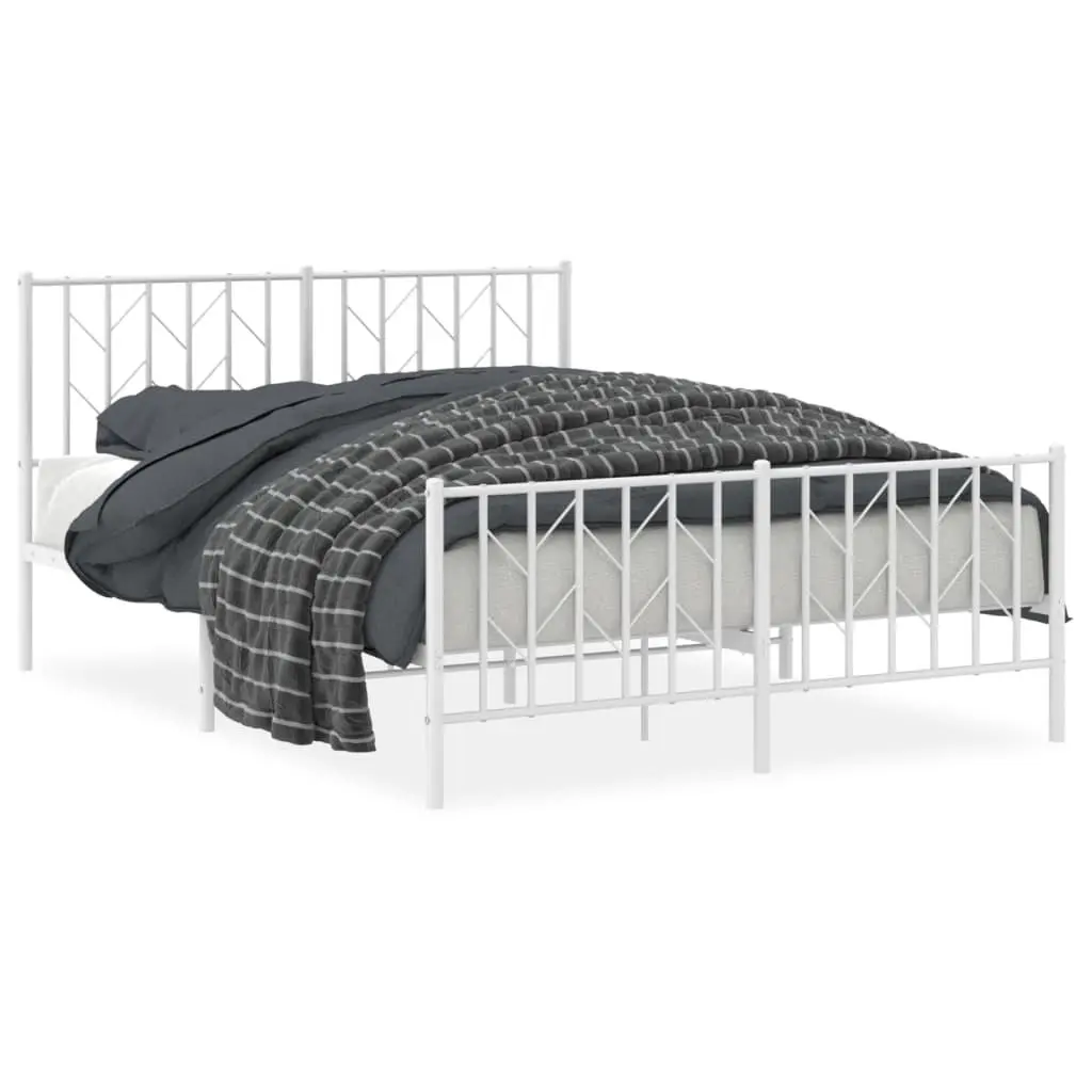 Metal Bed Frame 135x190 cm White Steel Bedroom with Footboard and Headboard