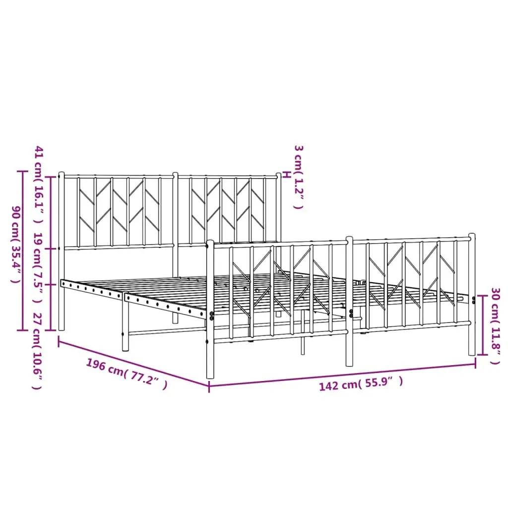 Metal Bed Frame 135x190 cm White Steel Bedroom with Footboard and Headboard
