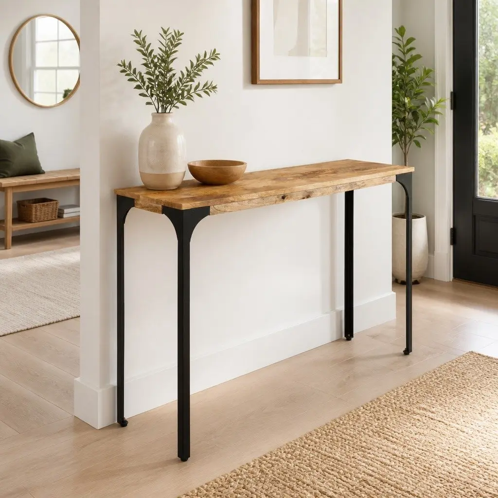 Console Table Brown Solid Wood Mango Iron Feet 110cm 35cm 76cm