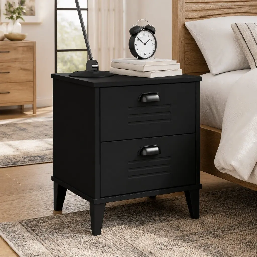 Black Engineered Wood Nightstand Storage Table for Bedroom or Living Room