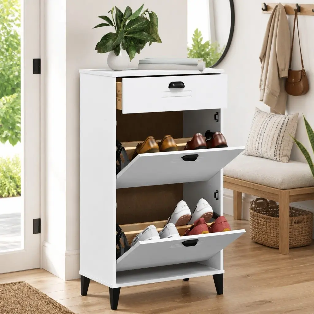 Shoe Cabinet Storage Organiser Flip Drawer White Engineered Wood