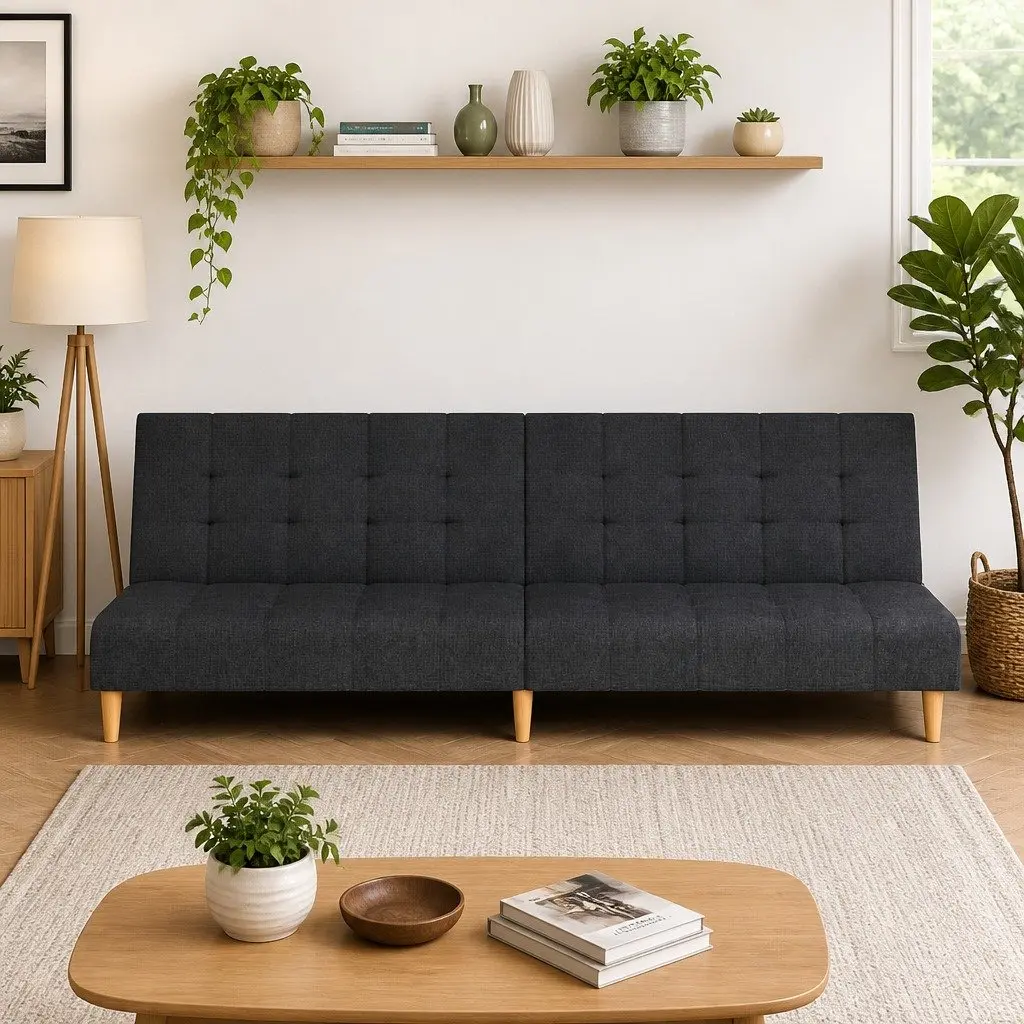 2-Seater Sofa Bed Grey Fabric Convertible Day Bed Guest Sleeping Furniture