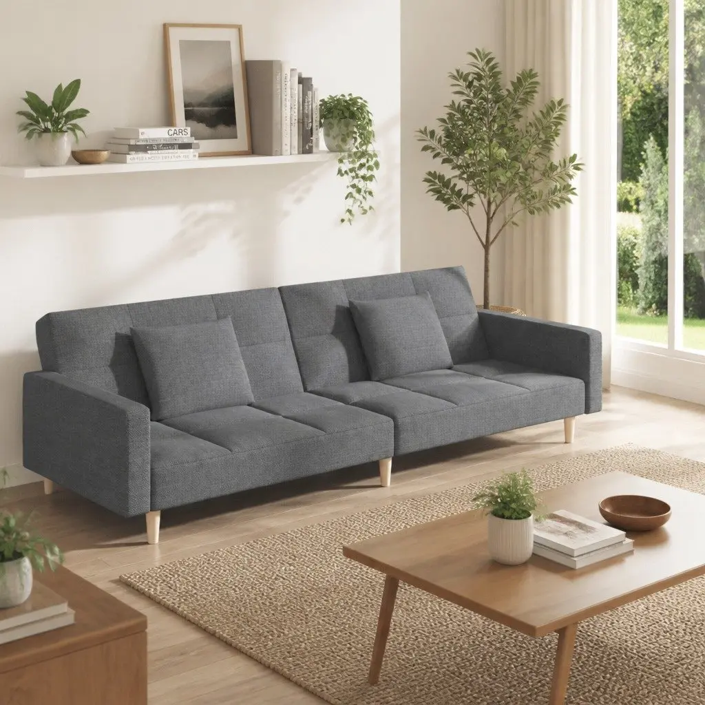 2-Seater Sofa Bed Light Grey Fabric Day Bed Guest Sleeper