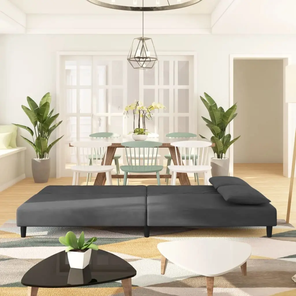 2-Seater Sofa Bed Grey Velvet Convertible Day Bed with Pillows Guest Sleeping