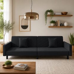 2-Seater Sofa Bed Black Velvet with Two Pillows Guest Bedroom Convertible Day