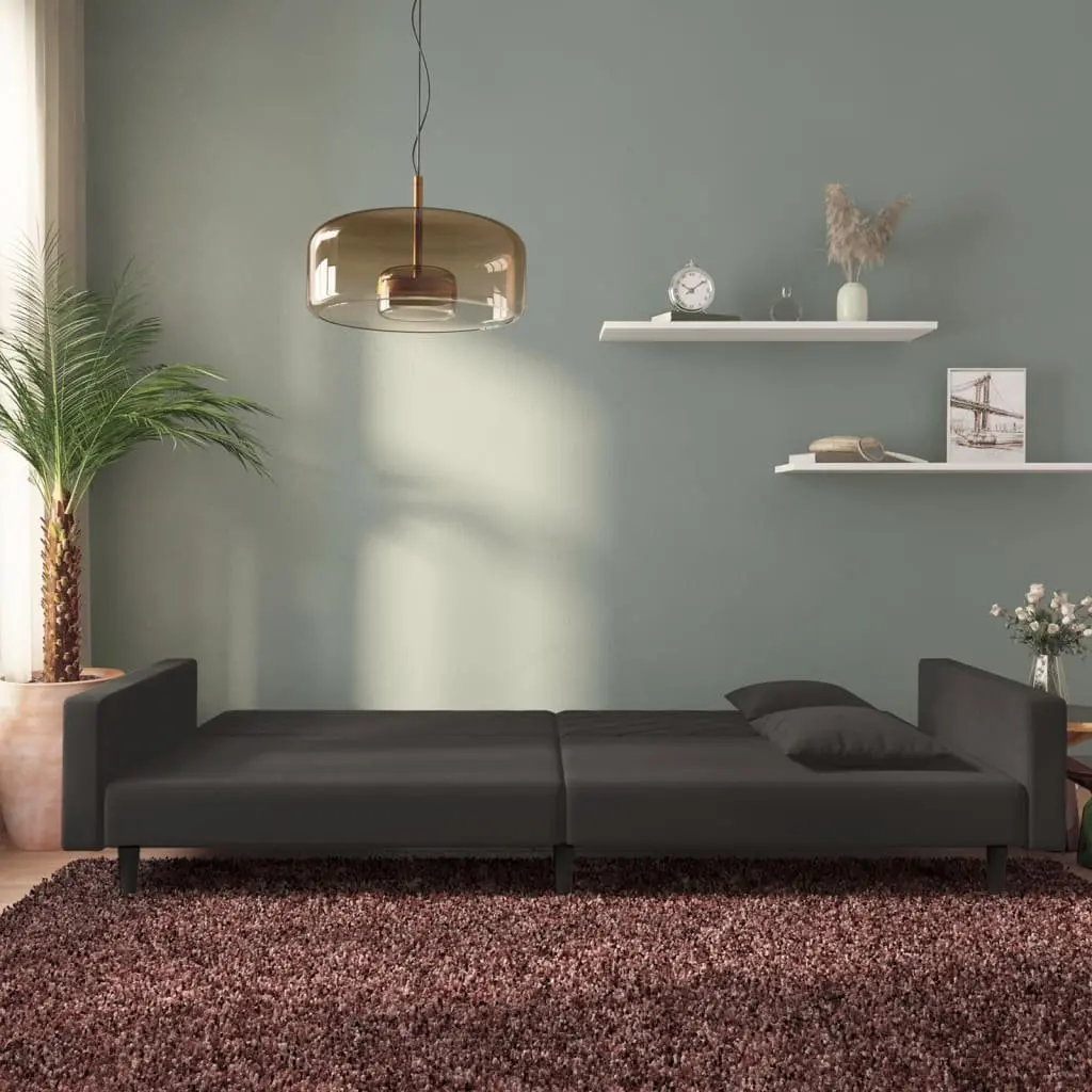 Sofa Bed Convertible Twin Bed Black Velvet 2 Seater with Two Pillows
