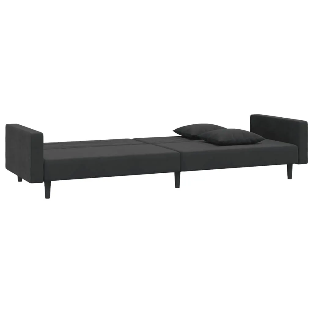 Sofa Bed Convertible Twin Bed Black Velvet 2 Seater with Two Pillows