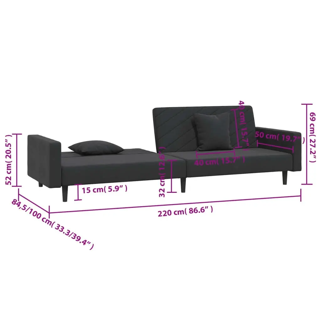 Sofa Bed Convertible Twin Bed Black Velvet 2 Seater with Two Pillows
