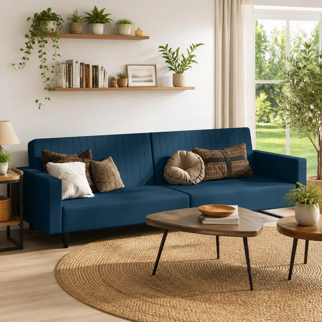 Sofa Bed Convertible 2-Seater Blue Velvet Sleeper Couch