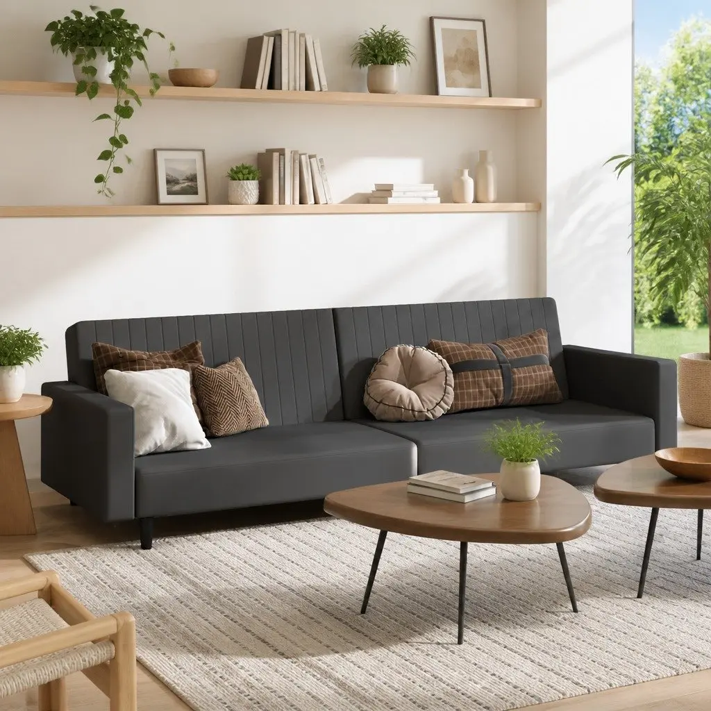 Convertible Sofa Bed Grey Velvet 2 Seater Day Bed Guest Sleeper Couch