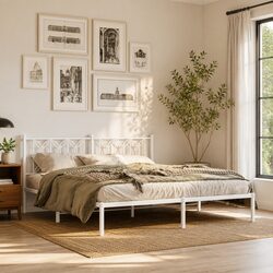 King Metal Bed Frame with Headboard Storage Space White 183x203 cm Bedroom