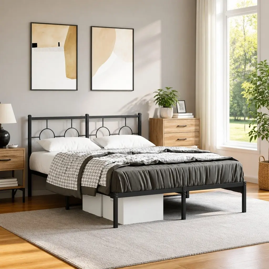 Metal Bed Frame 135x190 cm Headboard Black Slatted Base Bedroom Furniture