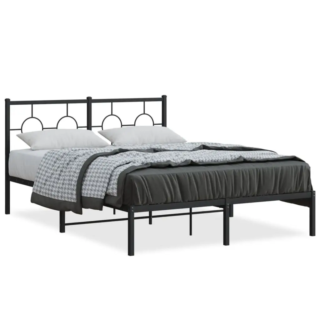 Metal Bed Frame 135x190 cm Headboard Black Slatted Base Bedroom Furniture