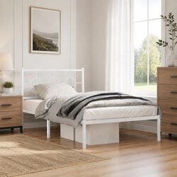 Metal Bed Frame King Single 107x203cm Headboard White Slatted Base Storage