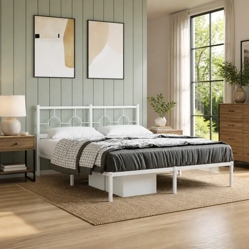 Metal Bed Frame 150x200 cm Headboard Slatted Base White
