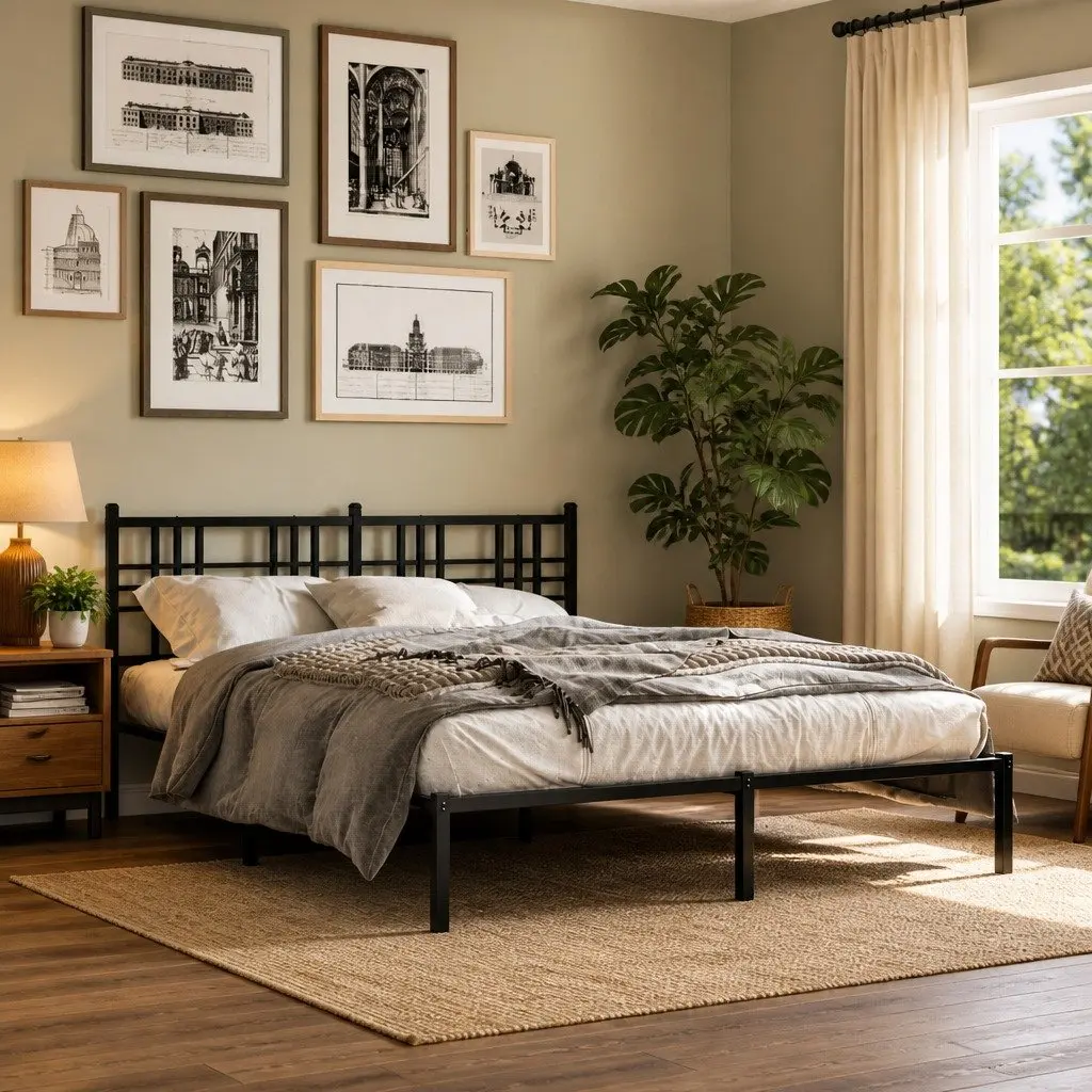 Black Metal Bed Frame with Headboard