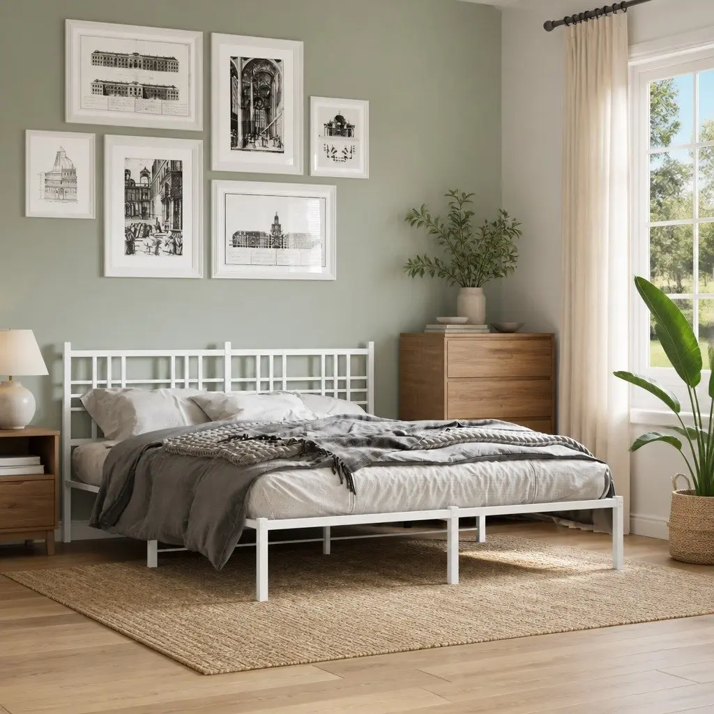 Metal Bed Frame White 150x200 cm Headboard Platform Bedroom Furniture