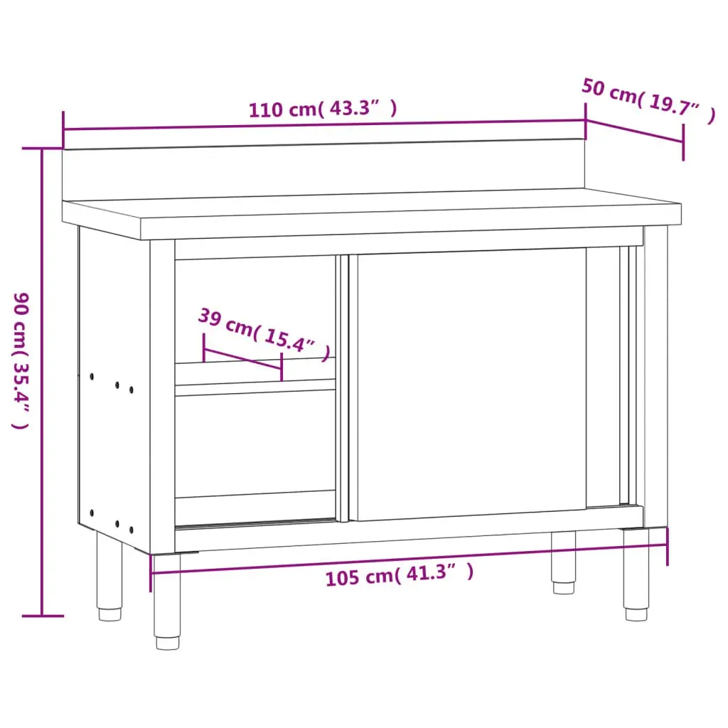 Commercial Kitchen Work Table Stainless Steel Sliding Doors Storage Shelf 150cm