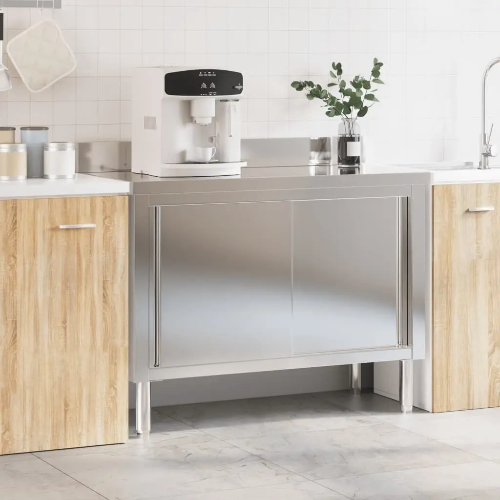 Commercial Kitchen Work Table Stainless Steel Sliding Doors Storage Shelf 150cm