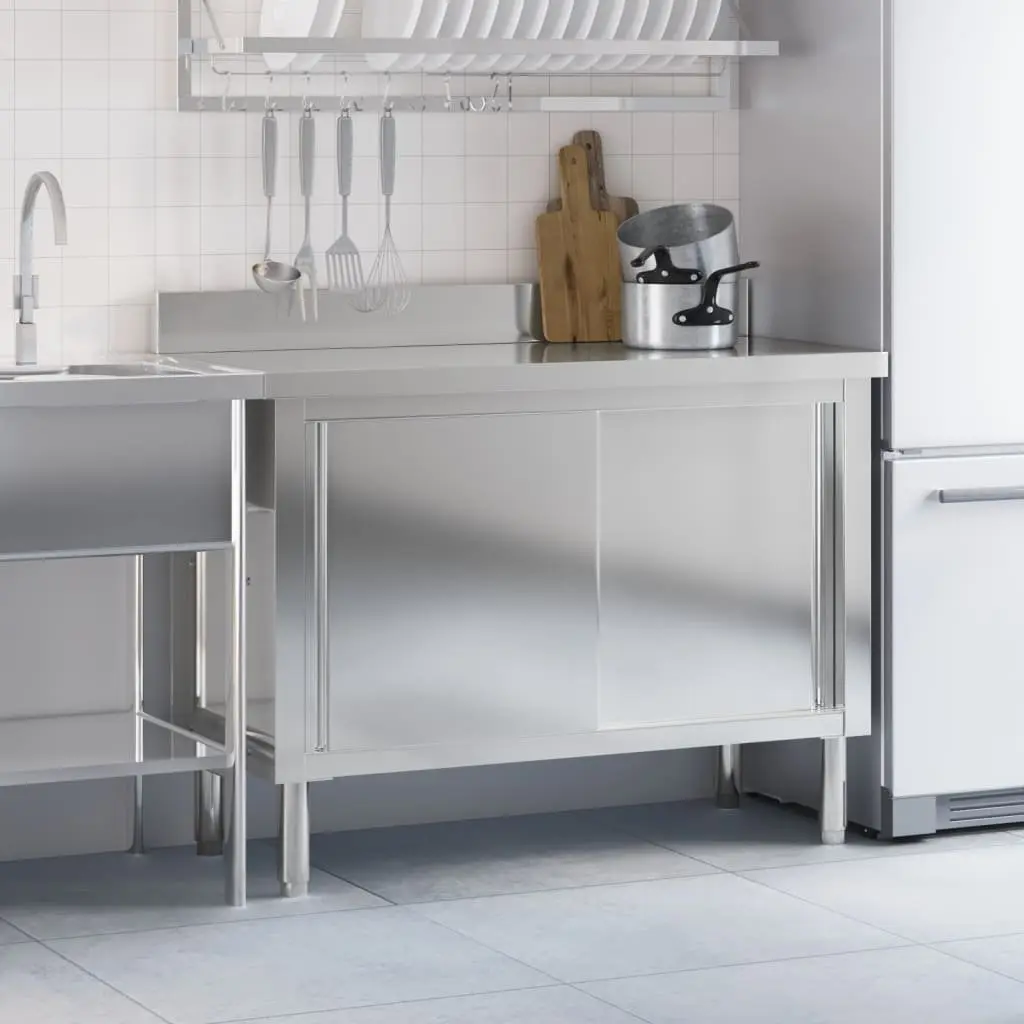 Commercial Kitchen Work Table Stainless Steel Sliding Doors Storage Shelf 150cm