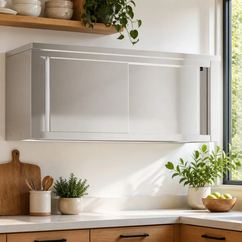 Stainless Steel Kitchen Wall Cabinet Sliding Doors Food Storage Silver